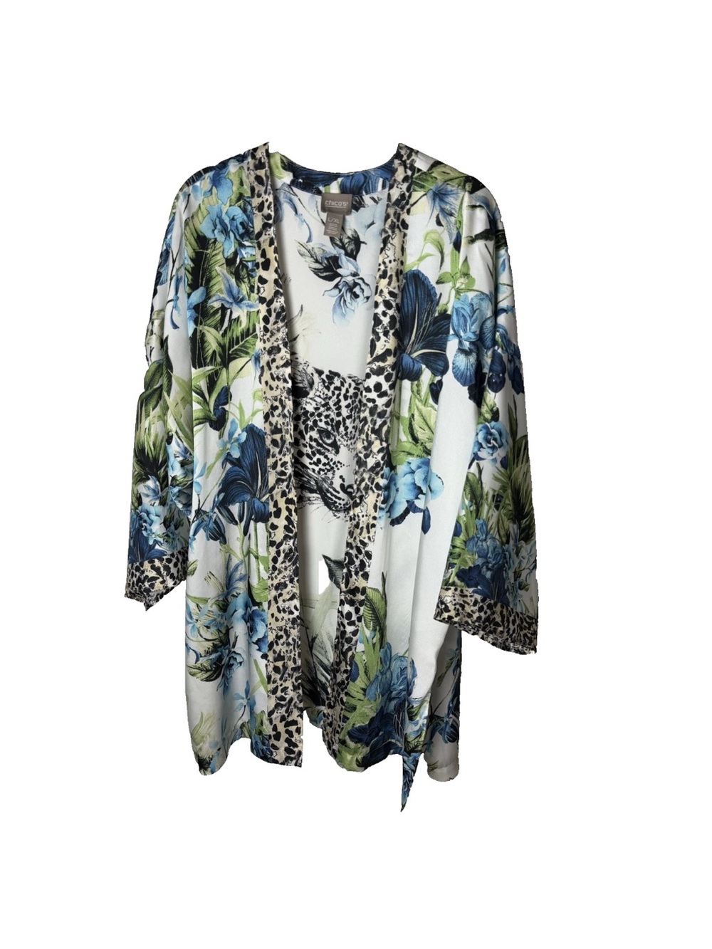 Chico's Open Kimono Top Size Large XL Topper Duster Big Cat Floral Blue Green